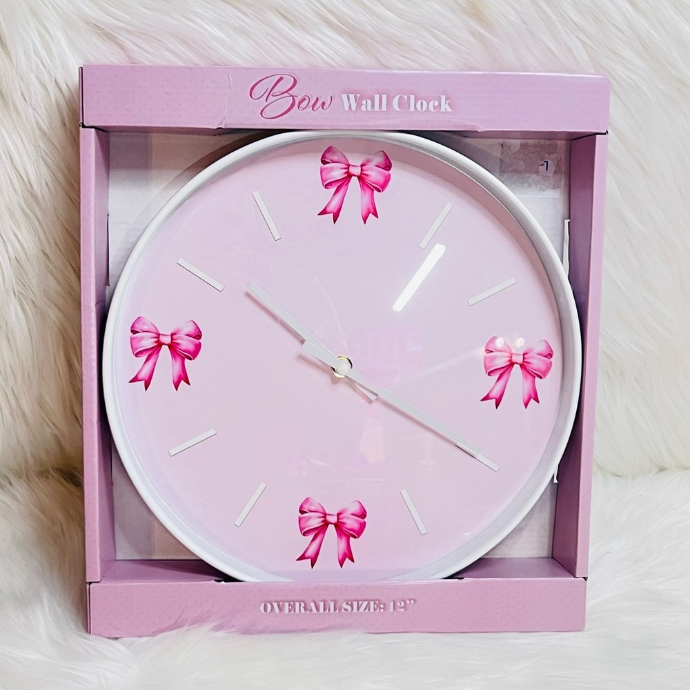 Pink Wall Clock with Bow Accents